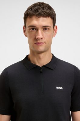 Zip-neck knit polo sweater in cotton, Dark Blue