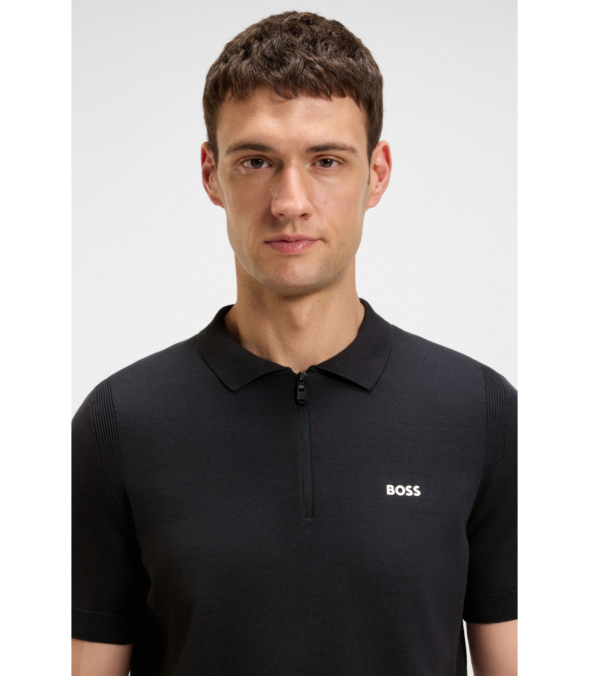 BOSS - Zip-neck knit polo sweater in cotton - Dark Blue