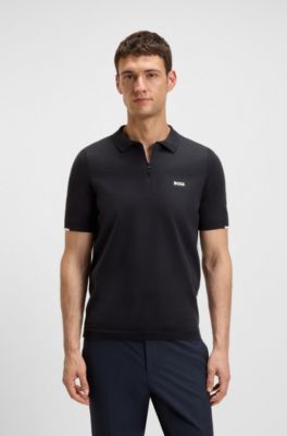 Zip-neck knit polo sweater in cotton, Dark Blue