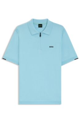 Zip-neck knit polo sweater in cotton, Light Blue