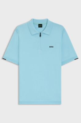 Zip-neck knit polo sweater in cotton, Light Blue