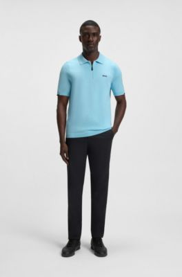 Zip-neck knit polo sweater in cotton, Light Blue