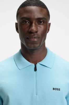 Zip-neck knit polo sweater in cotton, Light Blue