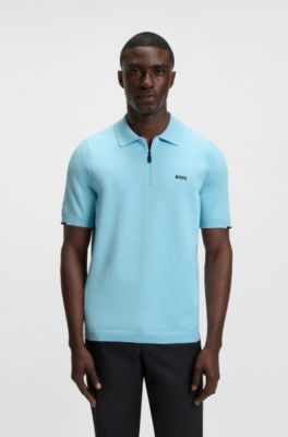 Zip-neck knit polo sweater in cotton, Light Blue