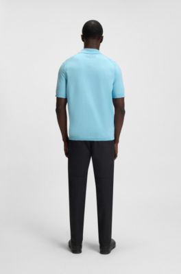 Zip-neck knit polo sweater in cotton, Light Blue