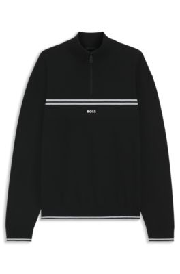 Zip-neck cotton-blend sweater with stripe details, Black