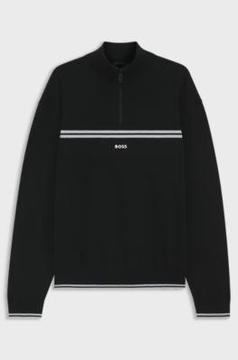Zip-neck cotton-blend sweater with stripe details, Black