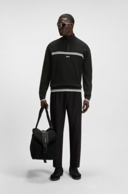 Zip-neck cotton-blend sweater with stripe details, Black