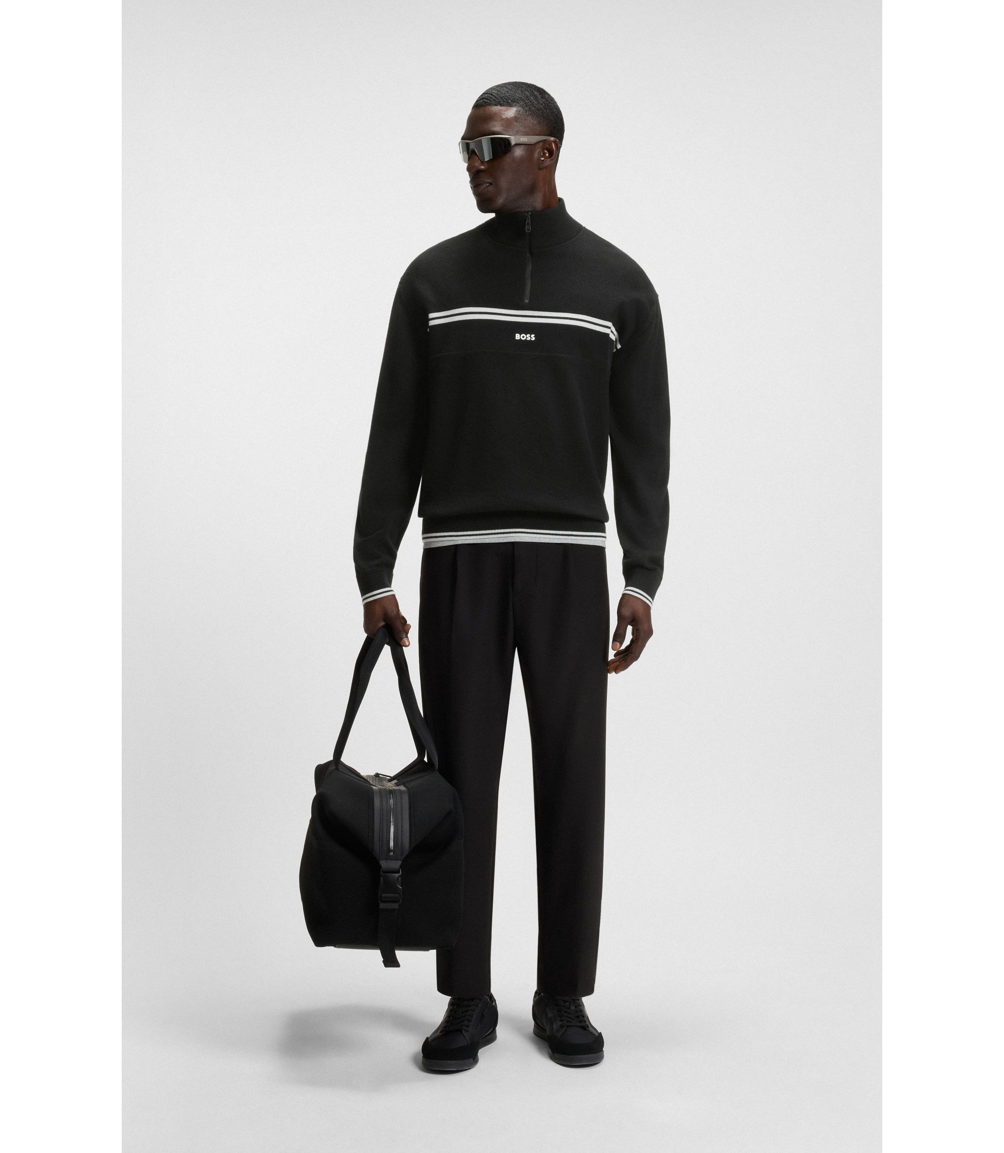 BOSS - コットンブレンド ジップネックセーター ストライプディテール