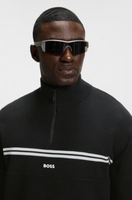 Pull en coton m&eacute;lang&eacute; &agrave; encolure zipp&eacute;e et rayures, Noir