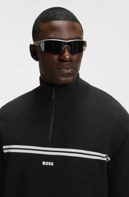 Pull en coton mélangé à encolure zippée et rayures