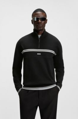 Zip-neck cotton-blend sweater with stripe details, Black