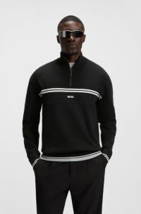 Zip-neck cotton-blend sweater with stripe details, Black