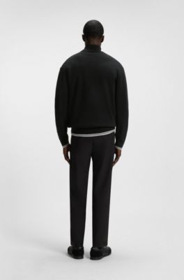 Zip-neck cotton-blend sweater with stripe details, Black