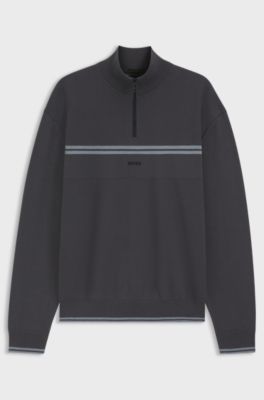 Zip-neck cotton-blend sweater with stripe details, Dark Grey