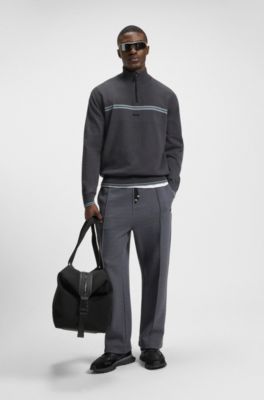 Zip-neck cotton-blend sweater with stripe details, Dark Grey