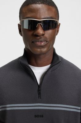 Zip-neck cotton-blend sweater with stripe details, Dark Grey