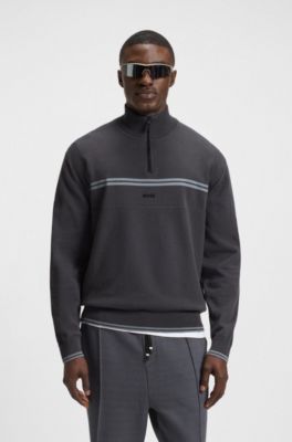 Zip-neck cotton-blend sweater with stripe details, Dark Grey
