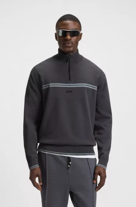 Zip-neck cotton-blend sweater with stripe details