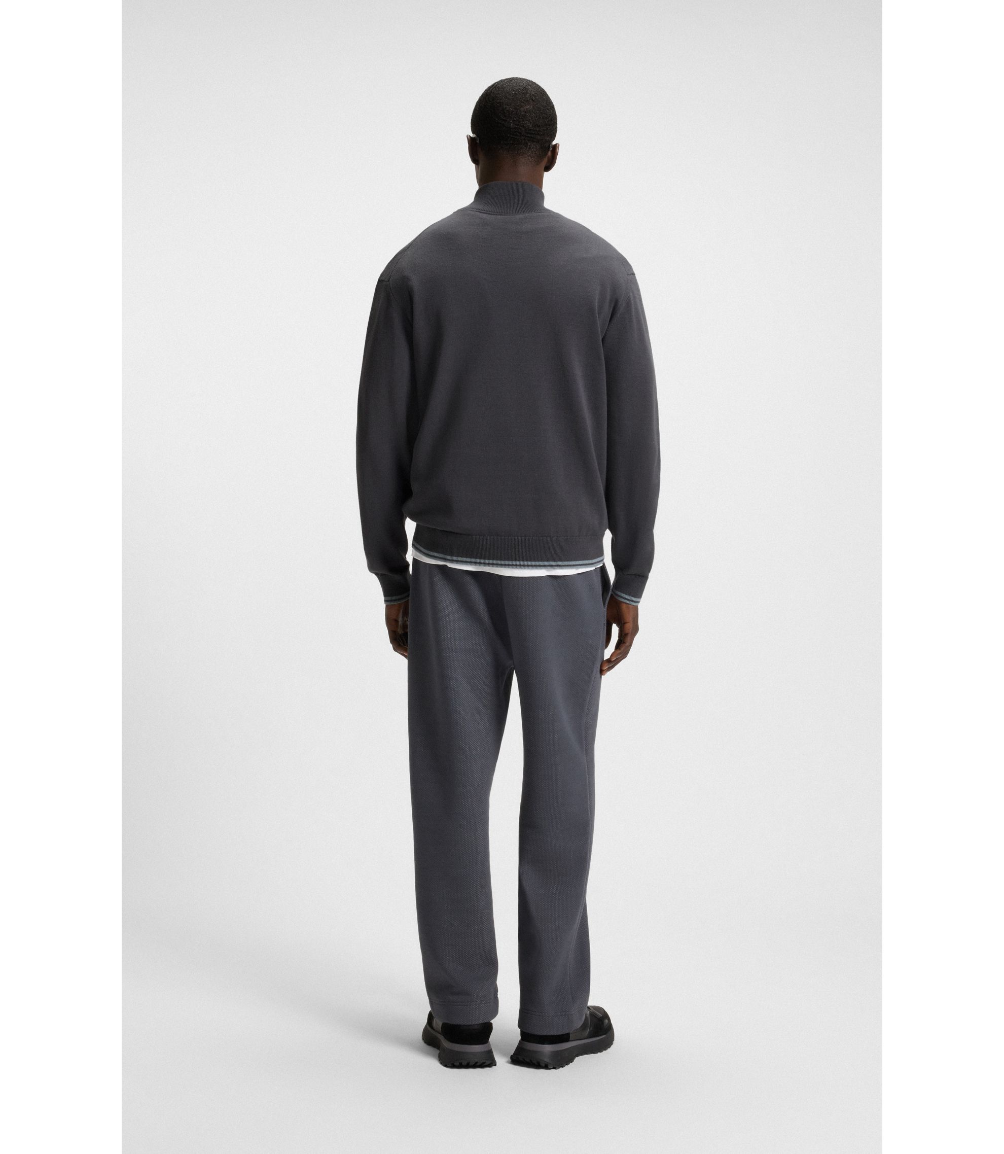 BOSS - Zip-neck cotton-blend sweater with stripe details - Dark Grey