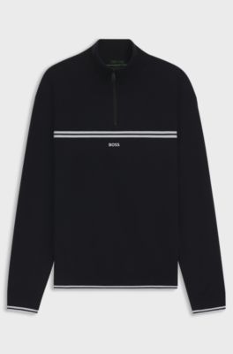 Zip-neck cotton-blend sweater with stripe details, Dark Blue