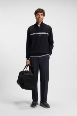 Zip-neck cotton-blend sweater with stripe details, Dark Blue