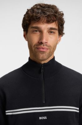 Zip-neck cotton-blend sweater with stripe details, Dark Blue
