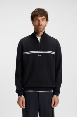 Zip-neck cotton-blend sweater with stripe details, Dark Blue