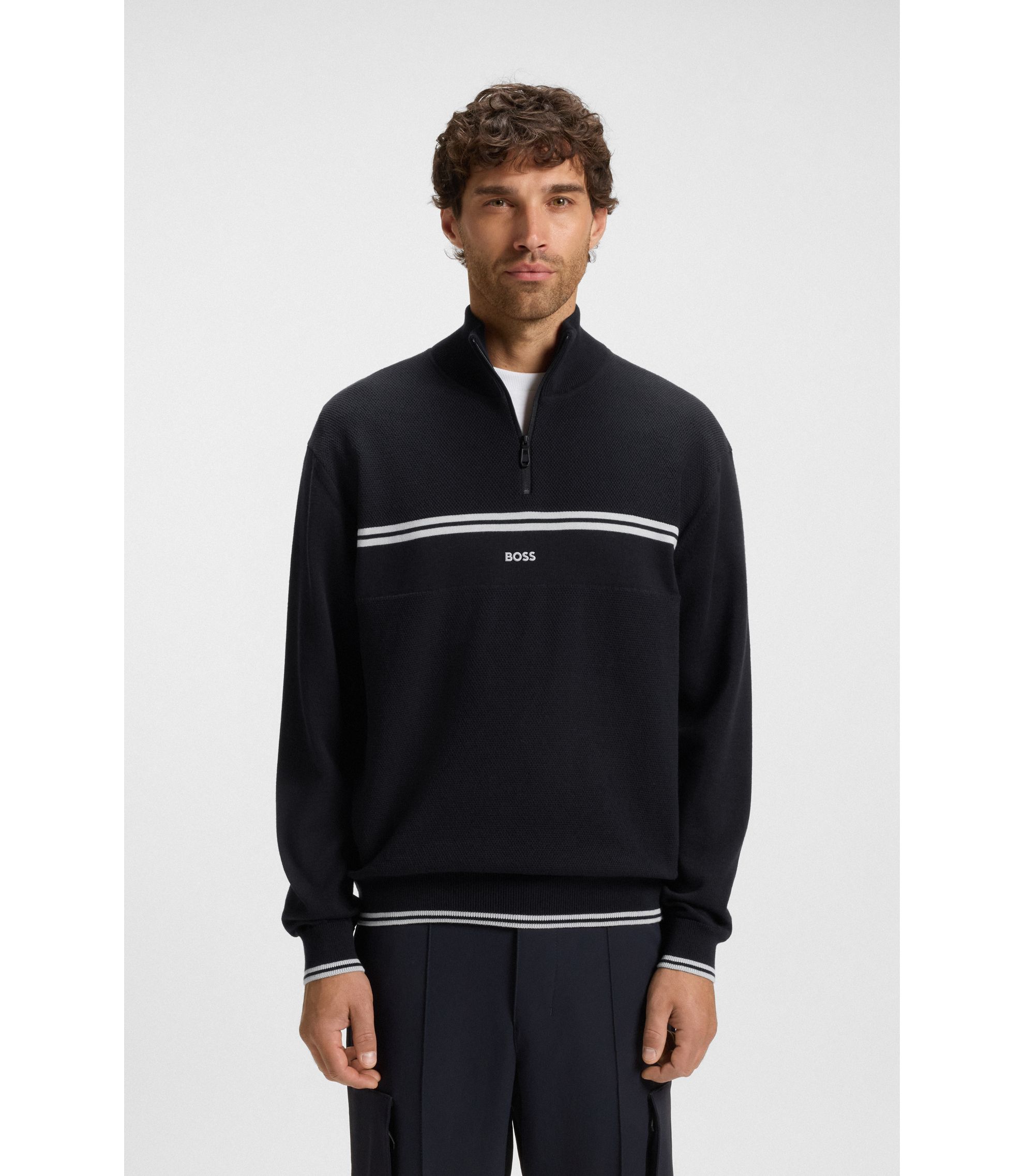 BOSS - Zip-neck cotton-blend sweater with stripe details - Dark Blue