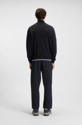 Zip-neck cotton-blend sweater with stripe details, Dark Blue