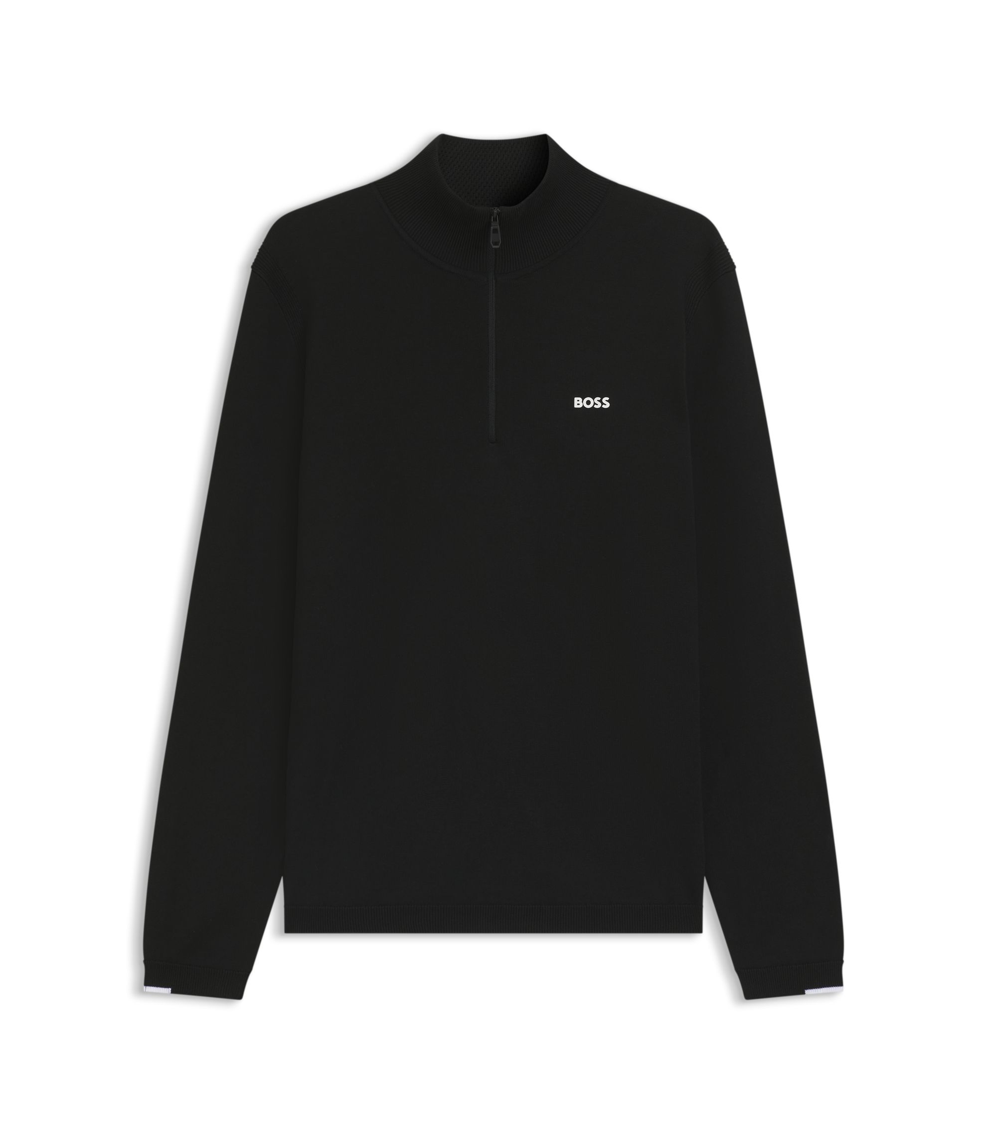 BOSS - Zip-neck cotton sweater with logo print - Black