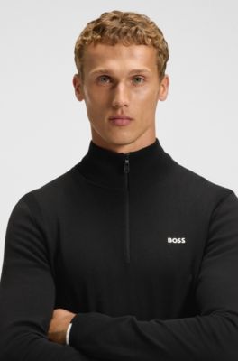 Zip-neck cotton sweater with logo print, Black