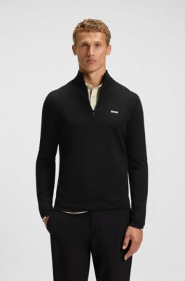 Zip-neck cotton sweater with logo print, Black