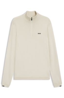 Zip-neck cotton sweater with logo print, Natural