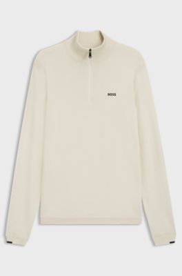 Zip-neck cotton sweater with logo print, Natural