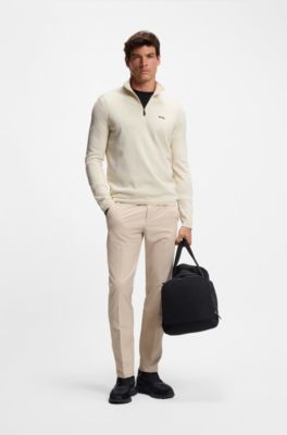 Zip-neck cotton sweater with logo print, Natural