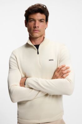Zip-neck cotton sweater with logo print, Natural