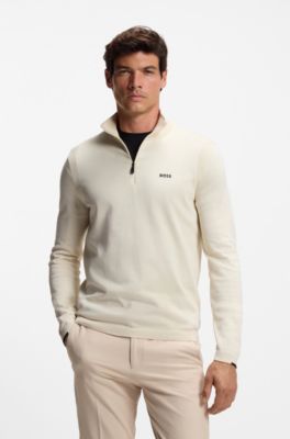 Zip-neck cotton sweater with logo print, Natural