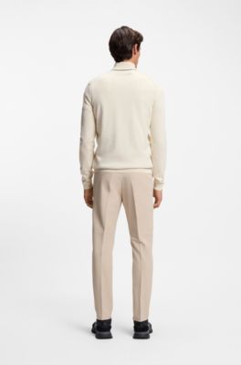 Zip-neck cotton sweater with logo print, Natural