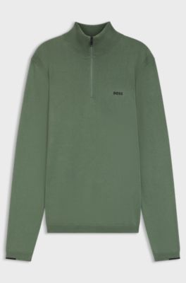Zip-neck cotton sweater with logo print, Green