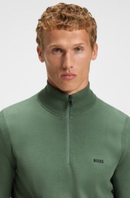 Zip-neck cotton sweater with logo print, Green
