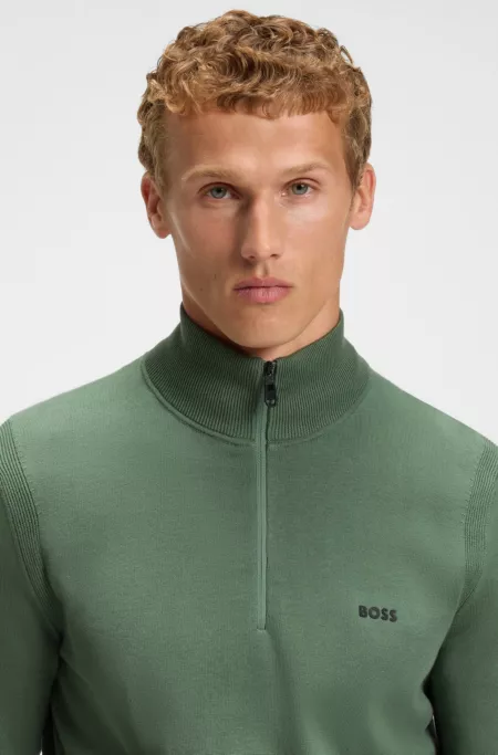 Zip-neck cotton sweater with logo print