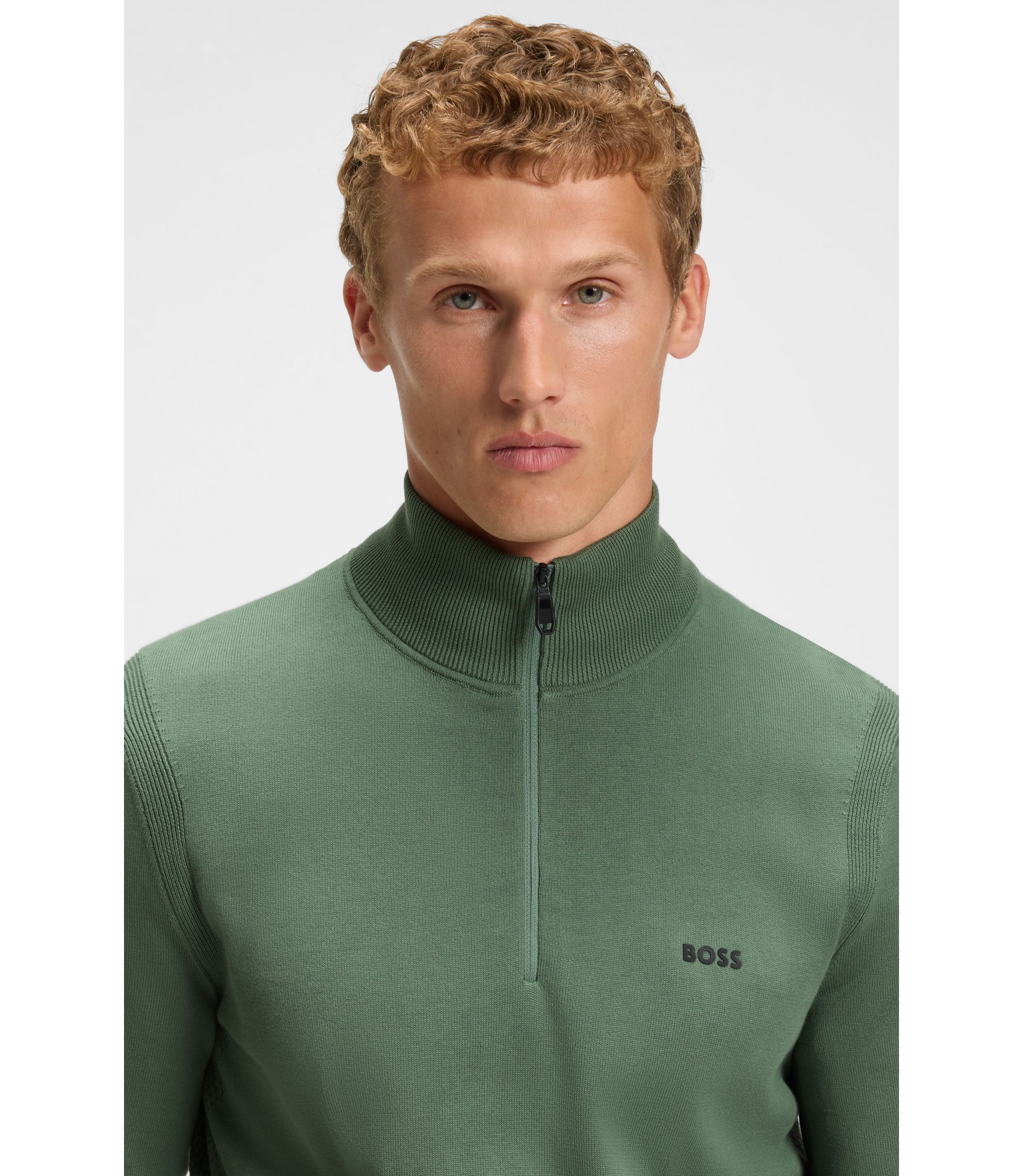 BOSS - Zip-neck cotton sweater with logo print - Green