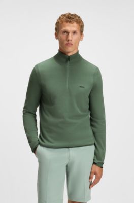 Zip-neck cotton sweater with logo print, Green
