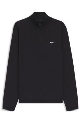 Zip-neck cotton sweater with logo print, Dark Blue