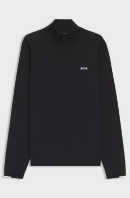 Pull en coton &agrave; encolure zipp&eacute;e et logo imprim&eacute;, Bleu fonc&eacute;
