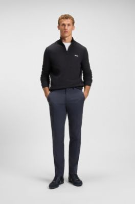 Zip-neck cotton sweater with logo print, Dark Blue