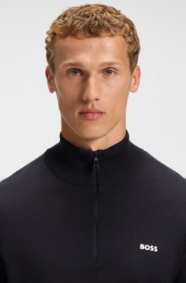 Pull en coton &agrave; encolure zipp&eacute;e et logo imprim&eacute;, Bleu fonc&eacute;
