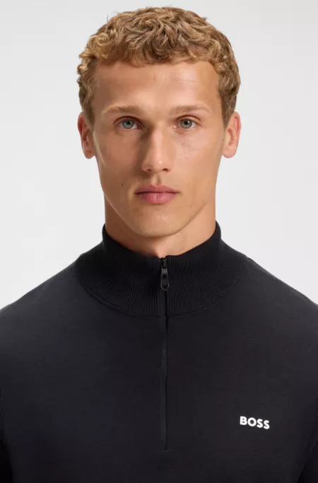 Zip-neck cotton sweater with logo print