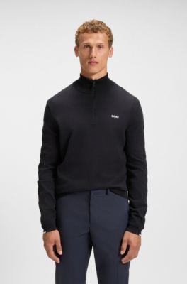 Zip-neck cotton sweater with logo print, Dark Blue